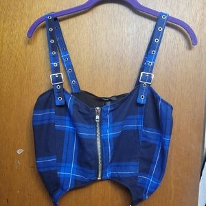 NWT Widow Blue & Black Plaid Crop Top with Front Zipper